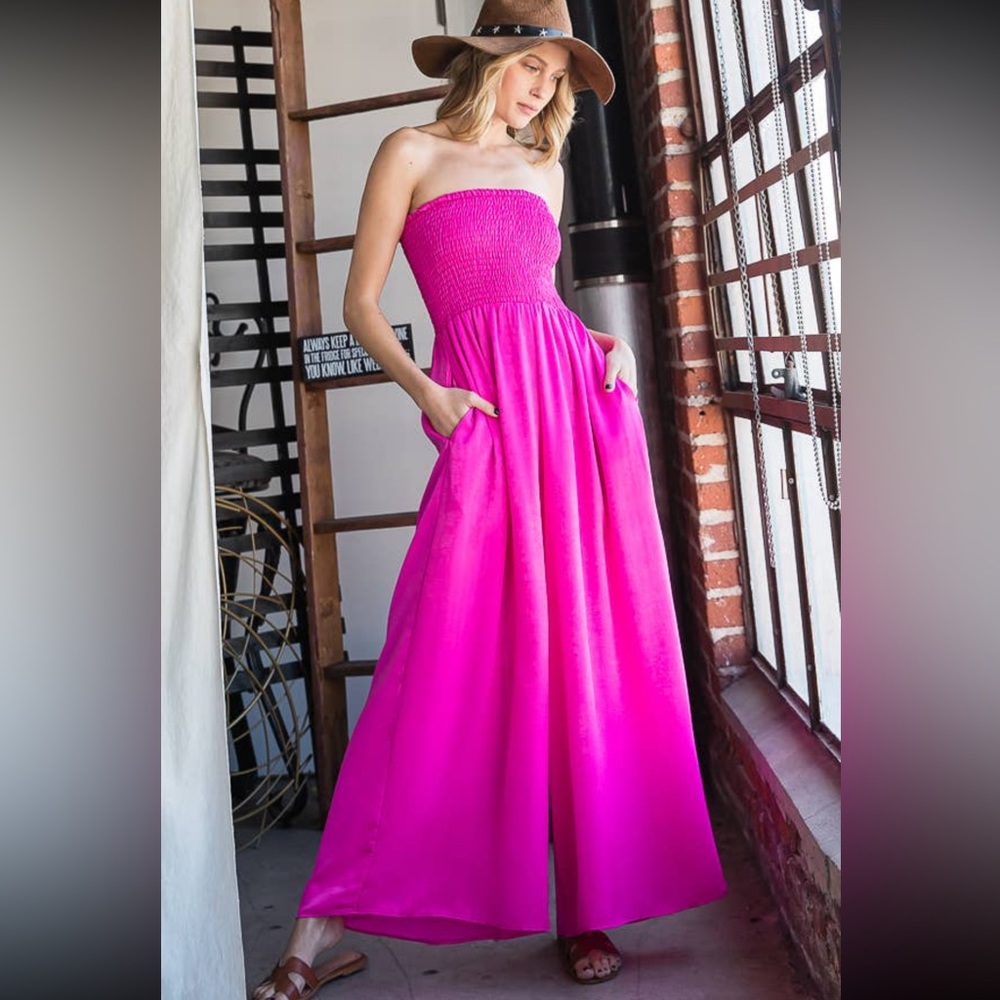 ✨ NEW LIST ✨ Fuchsia Smocked Top Strapless Wide Leg Jumpsuit Shiny Like Satin